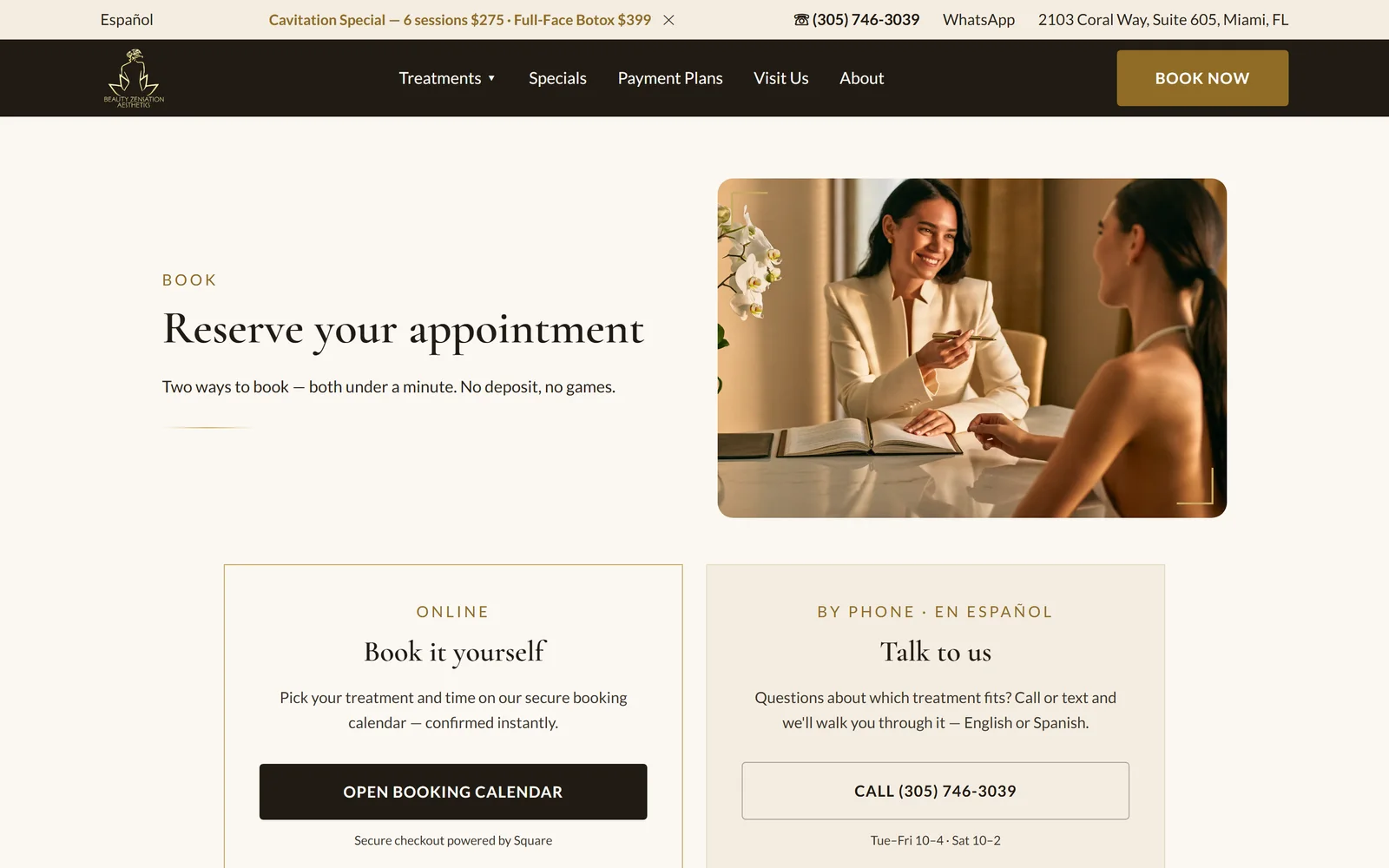 Beauty Zensation booking page with an online calendar and a bilingual call option