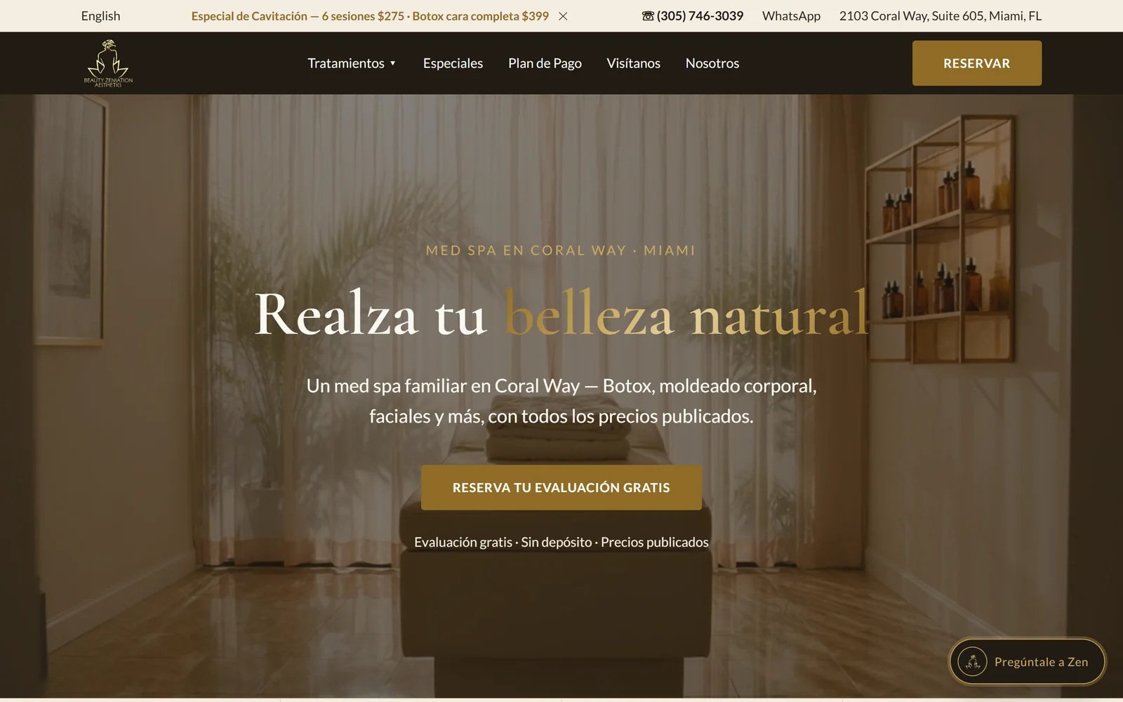 Beauty Zensation Spanish homepage — "Realza tu belleza natural", a full Spanish mirror of the site