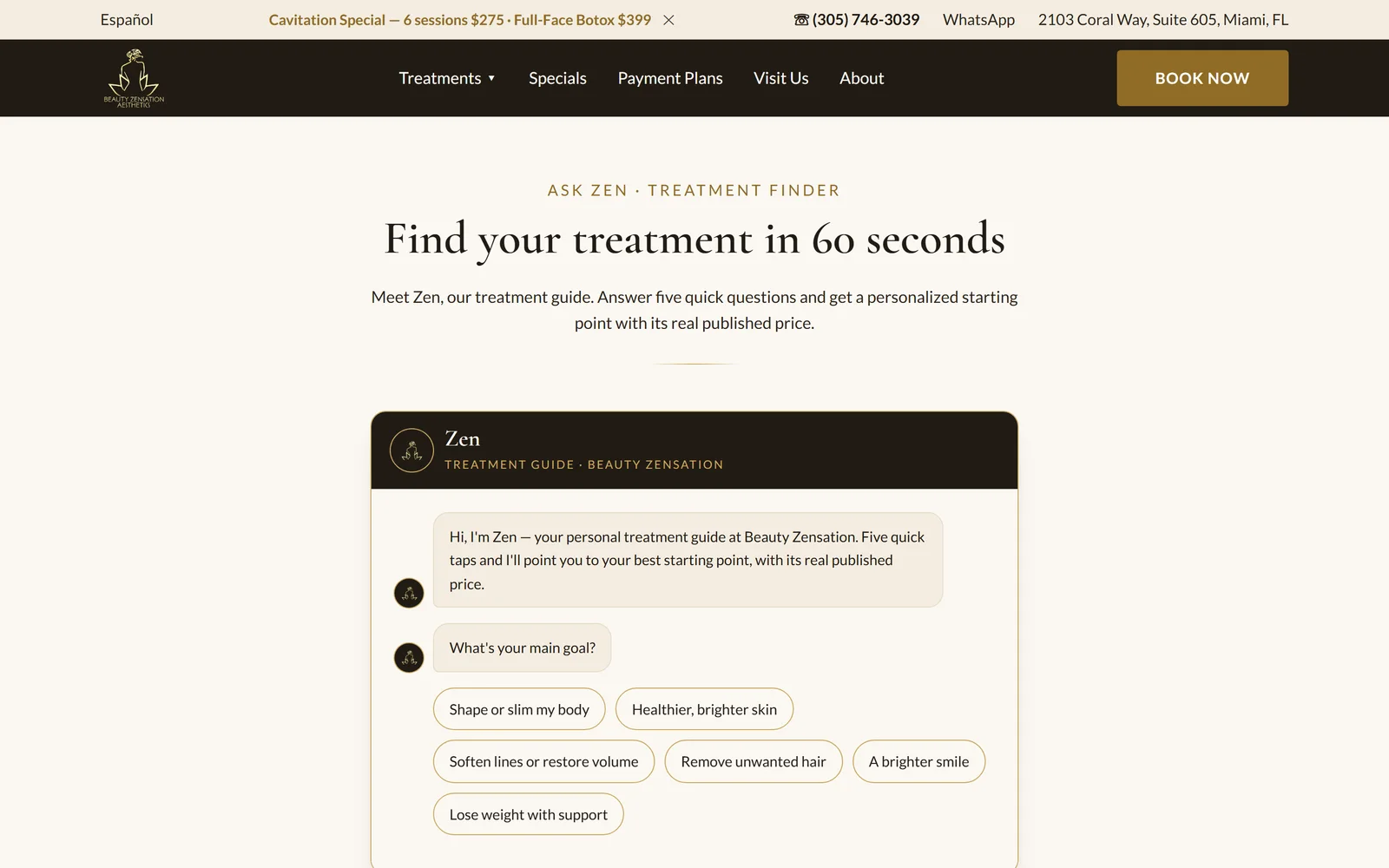 Beauty Zensation "Ask Zen" AI treatment finder — five questions to a recommended treatment with its published price