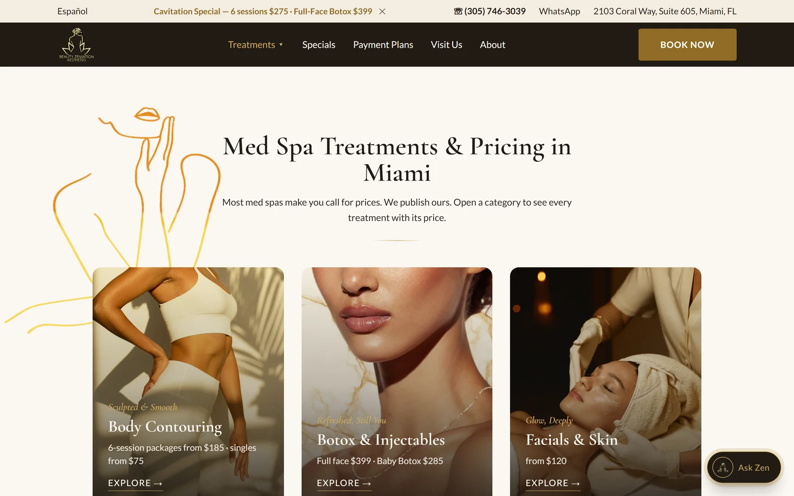 Beauty Zensation treatments and pricing page — "Most med spas make you call for prices. We publish ours."