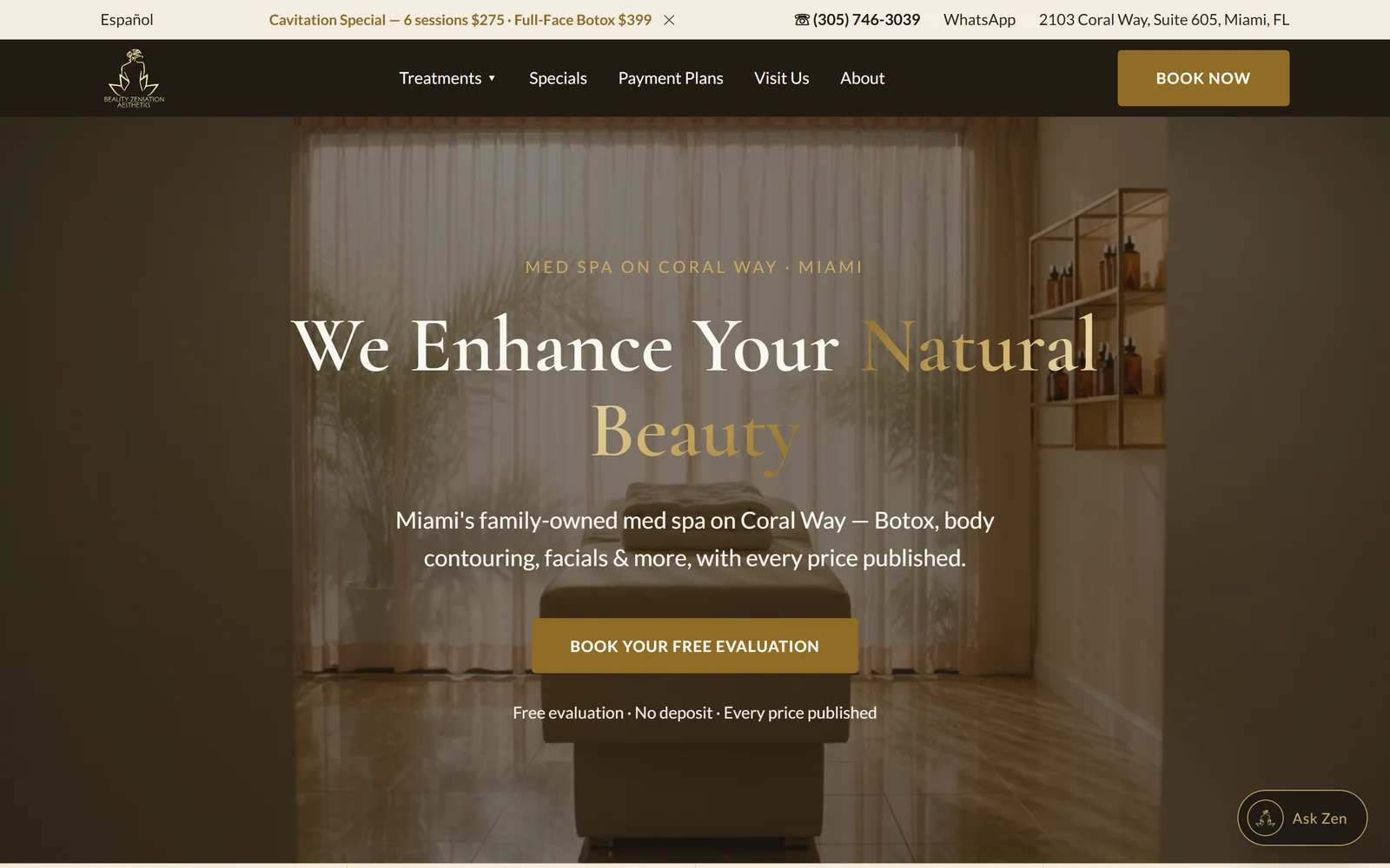 Beauty Zensation Aesthetics website built by EMOR