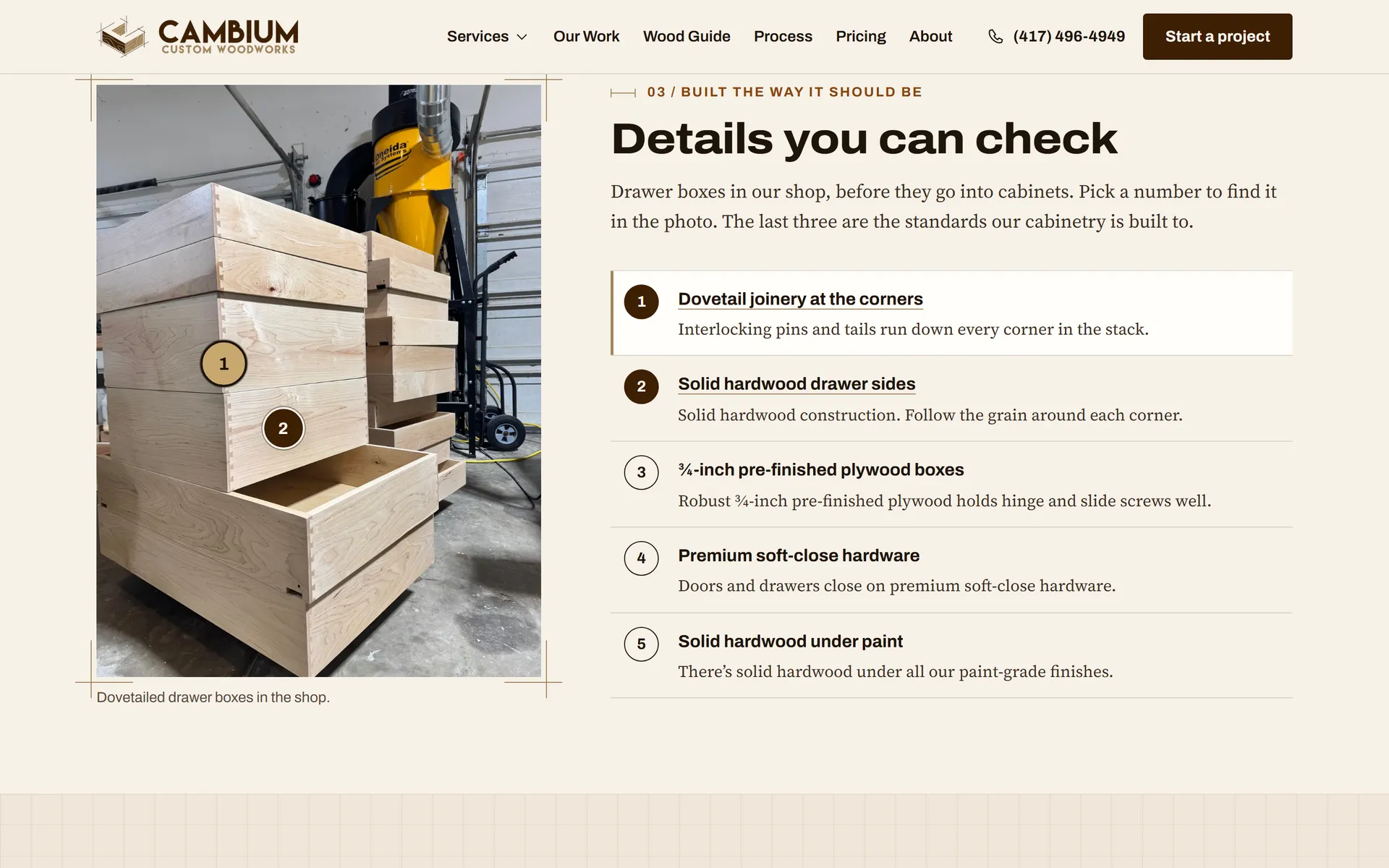 Cambium "Details you can check" section with numbered points on a photo of dovetailed drawer boxes in the shop