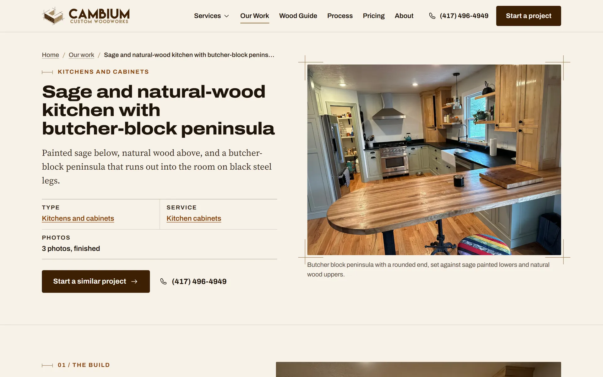 Cambium portfolio project page for a sage and natural-wood kitchen with a butcher-block peninsula