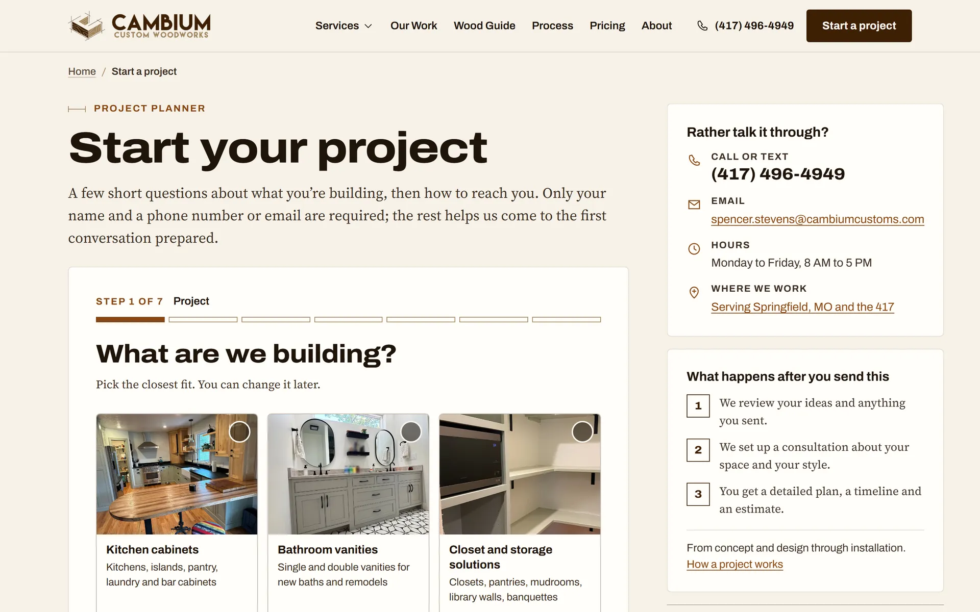 Cambium project planner, step 1 of 7, asking what the homeowner is building with photo cards for kitchens, vanities and closets