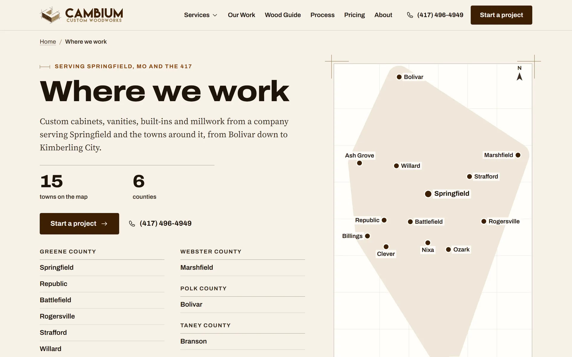 Cambium "Where we work" page with a map of 15 towns across 6 counties around Springfield, Missouri