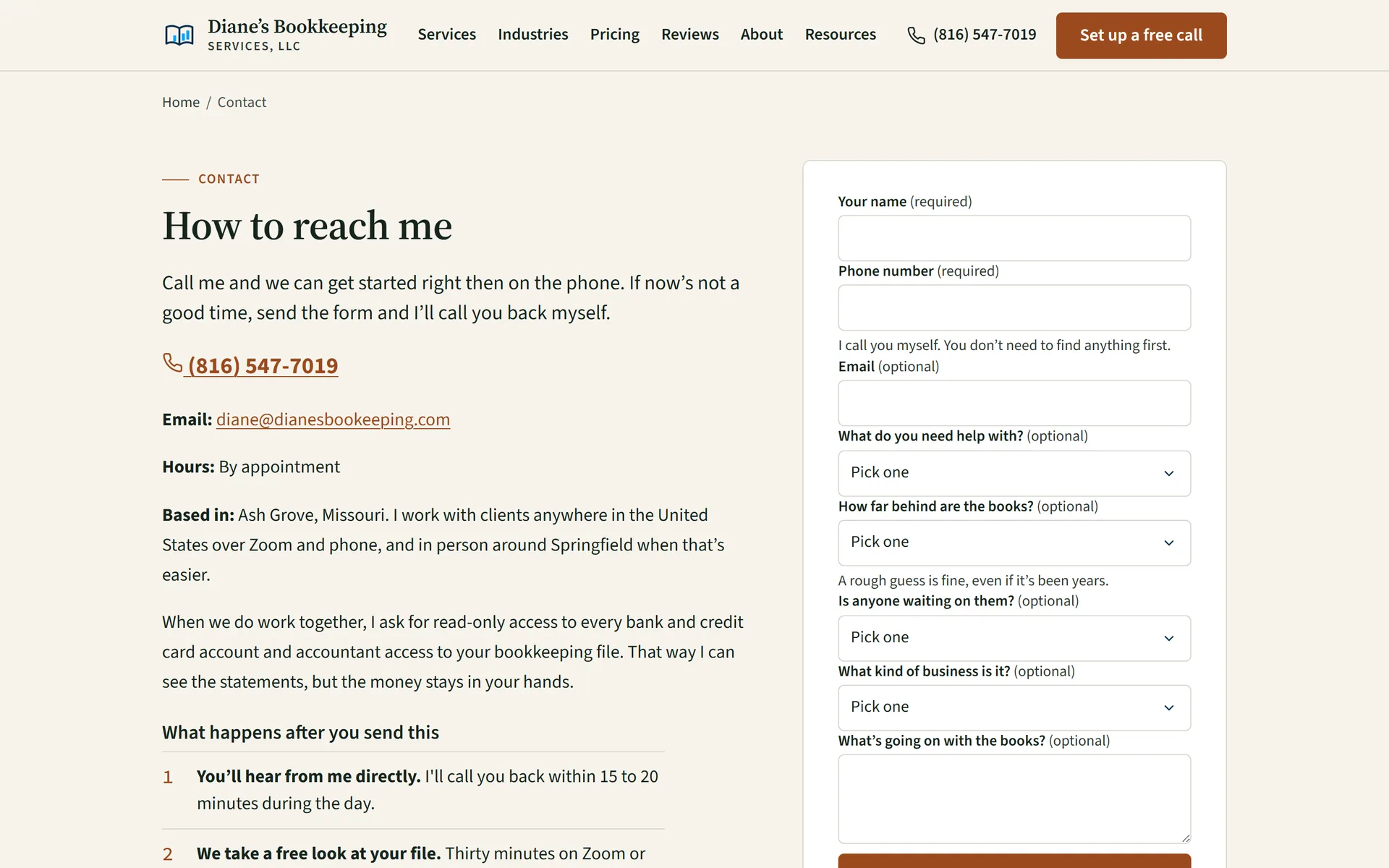 Diane's Bookkeeping contact page with a qualifying lead form asking how far behind the books are and who is waiting on them