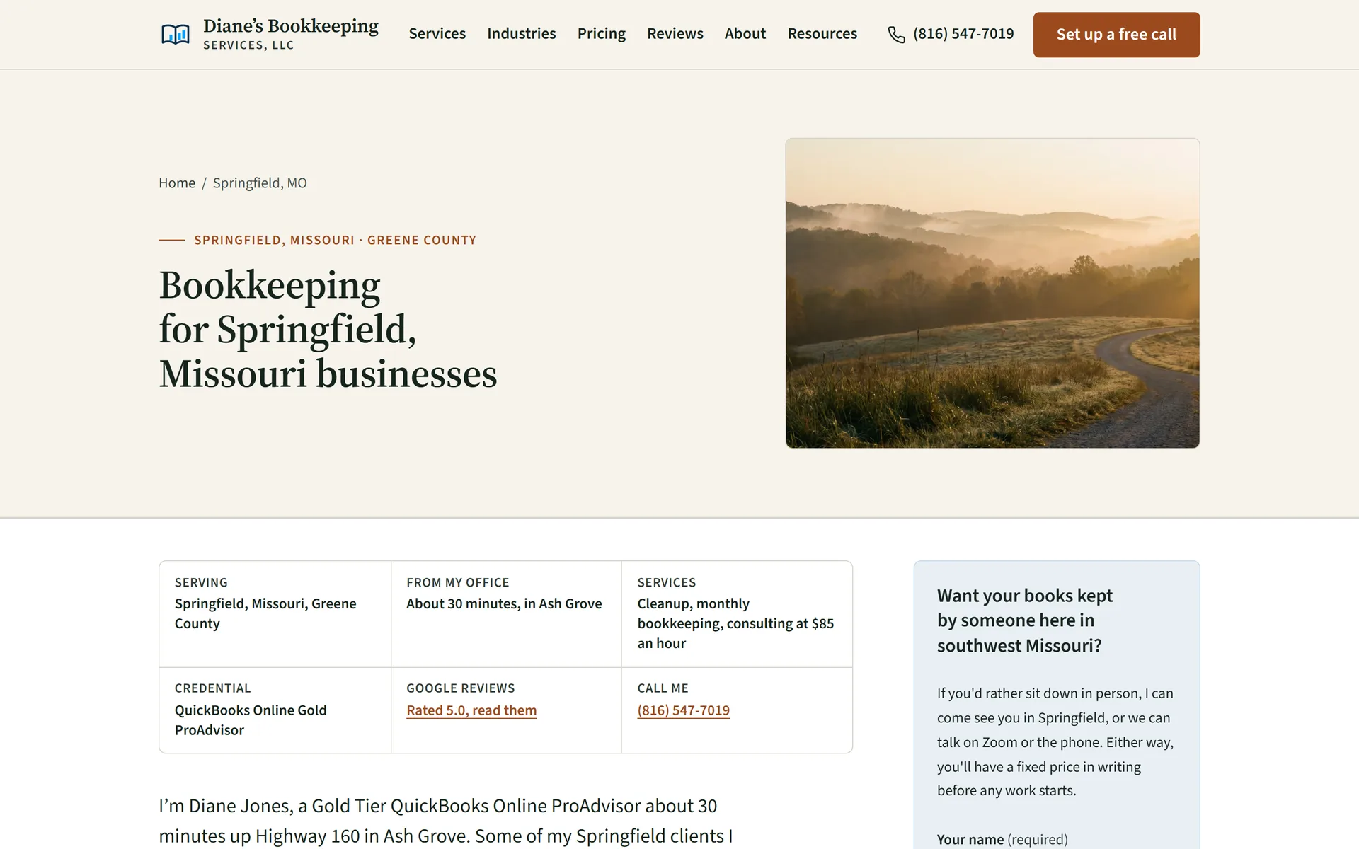 Diane's Bookkeeping Springfield, Missouri landing page with named neighborhoods and local FAQs