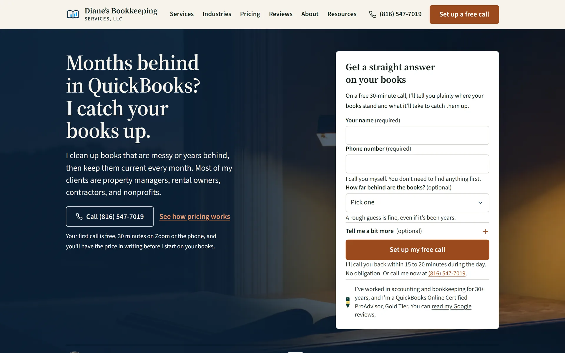 Diane's Bookkeeping homepage, "Months behind in QuickBooks? I catch your books up." built by EMOR