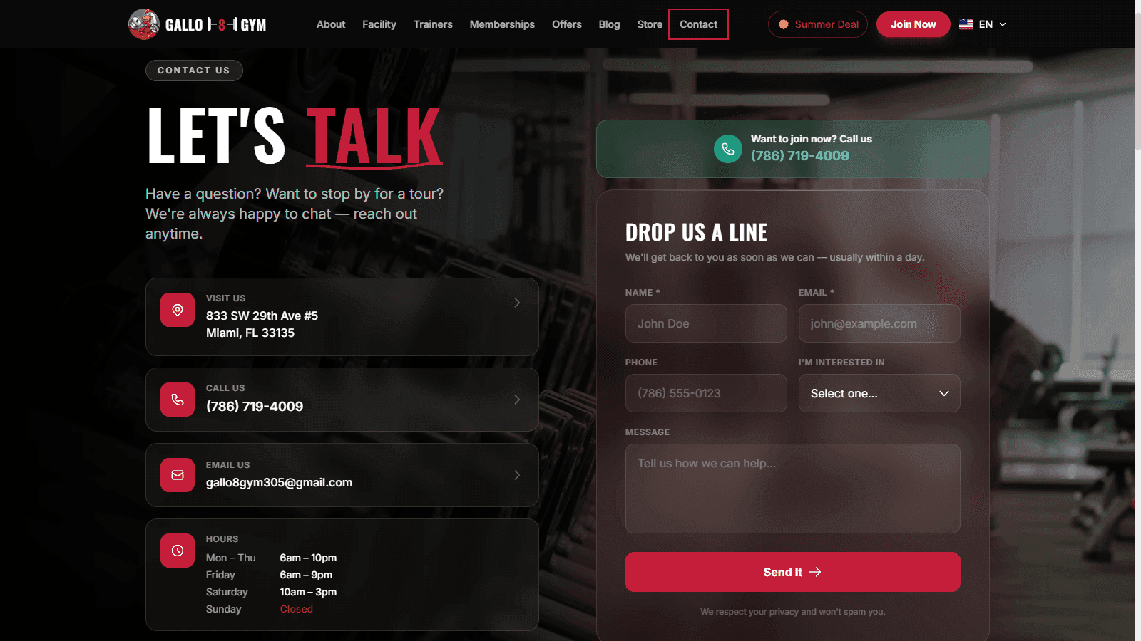 Gallo 8 Gym "Let’s Talk" contact page with lead form
