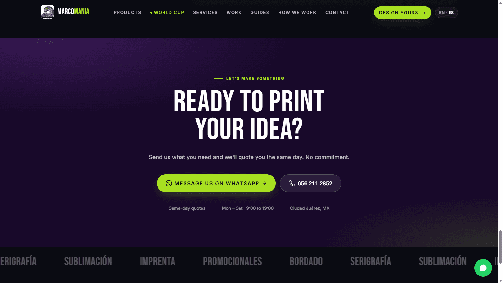 Marcomania same-day WhatsApp quote call-to-action and services marquee
