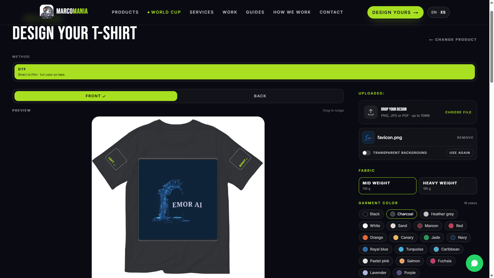 Marcomania "Design Yours" — live on-site product customizer built by EMOR