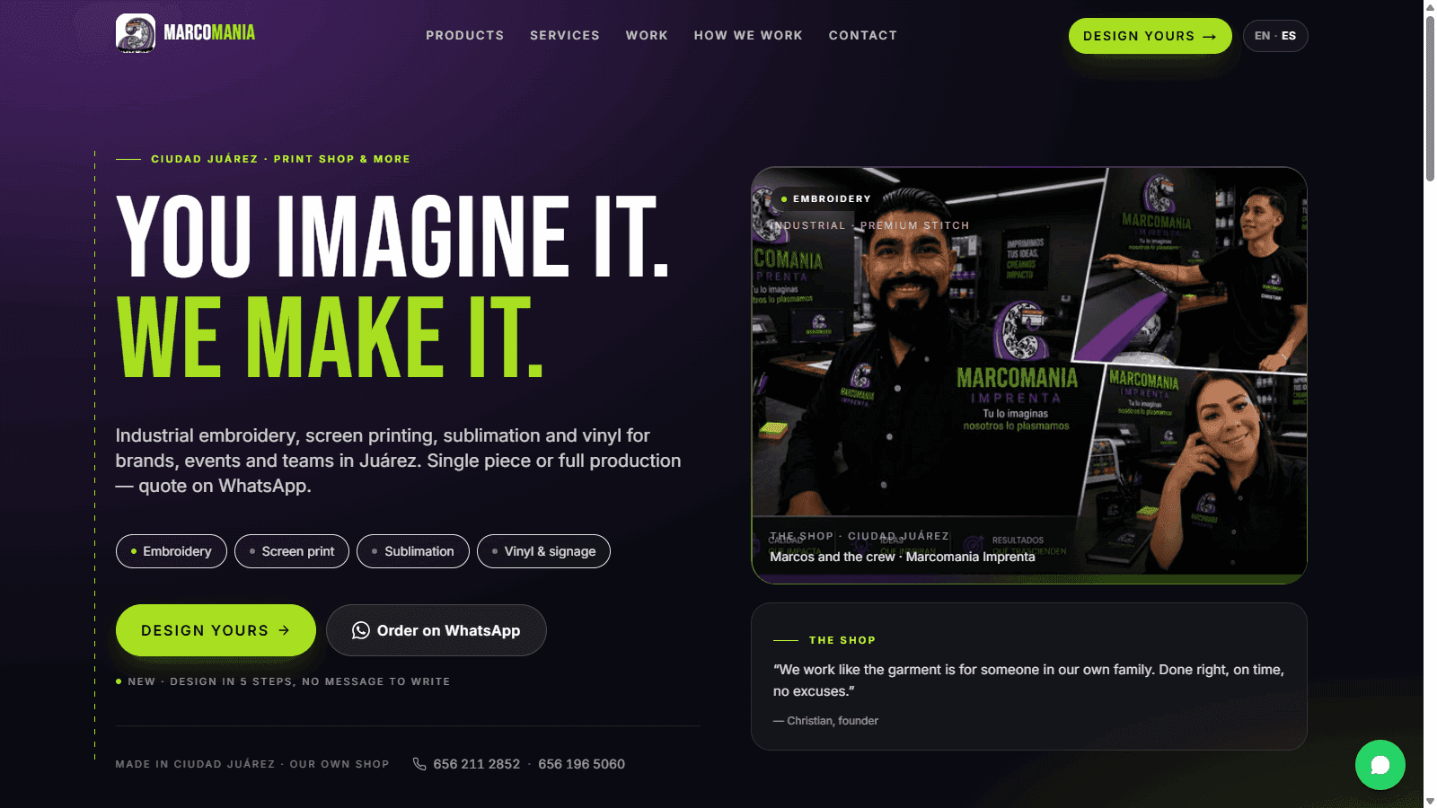Marcomania homepage — "You imagine it. We make it." built by EMOR