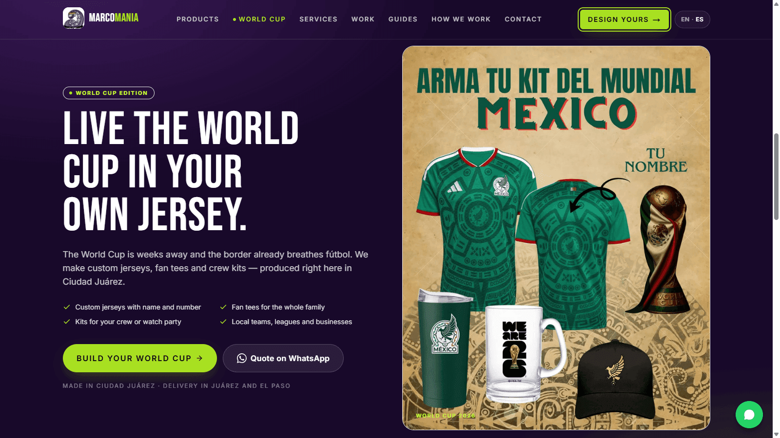 Marcomania World Cup custom-jersey campaign landing section