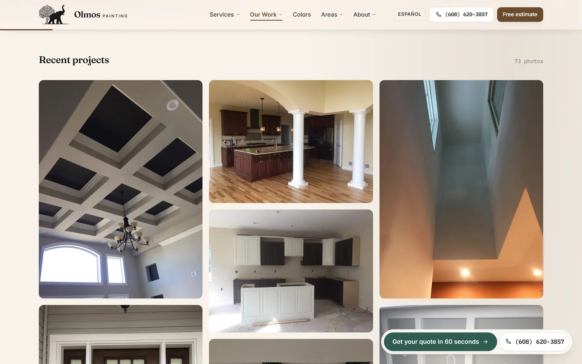 Olmos "Recent projects" gallery with a coffered ceiling, a kitchen with white columns and a stairwell