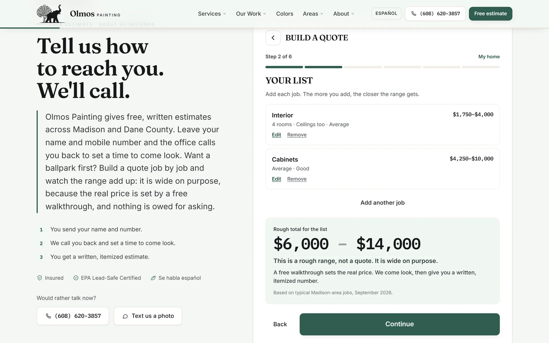 Olmos quote builder, step 2 of 6, listing an interior job and a cabinet job with a rough total range for the list