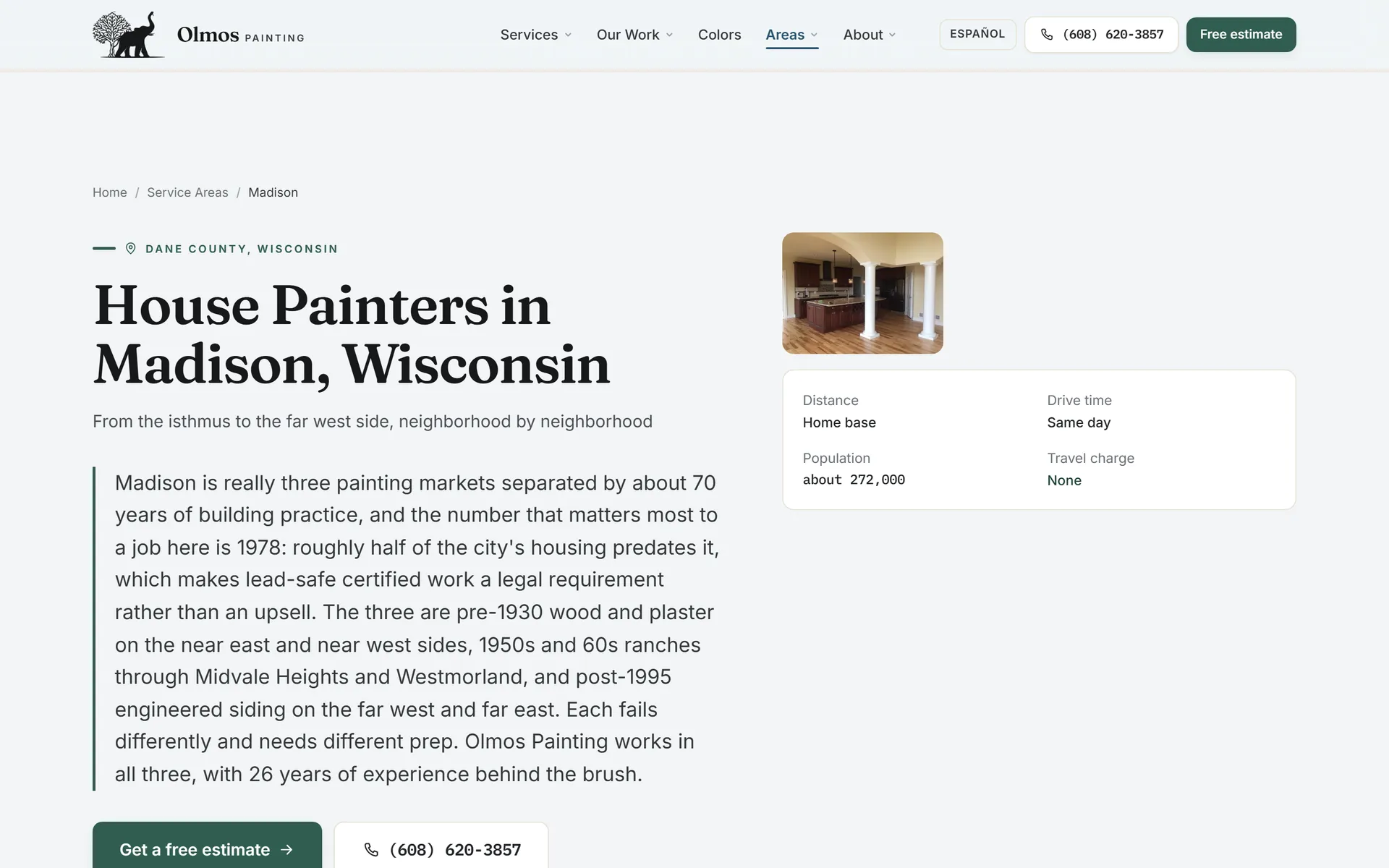Olmos "House Painters in Madison, Wisconsin" town page with distance, drive time and travel charge facts