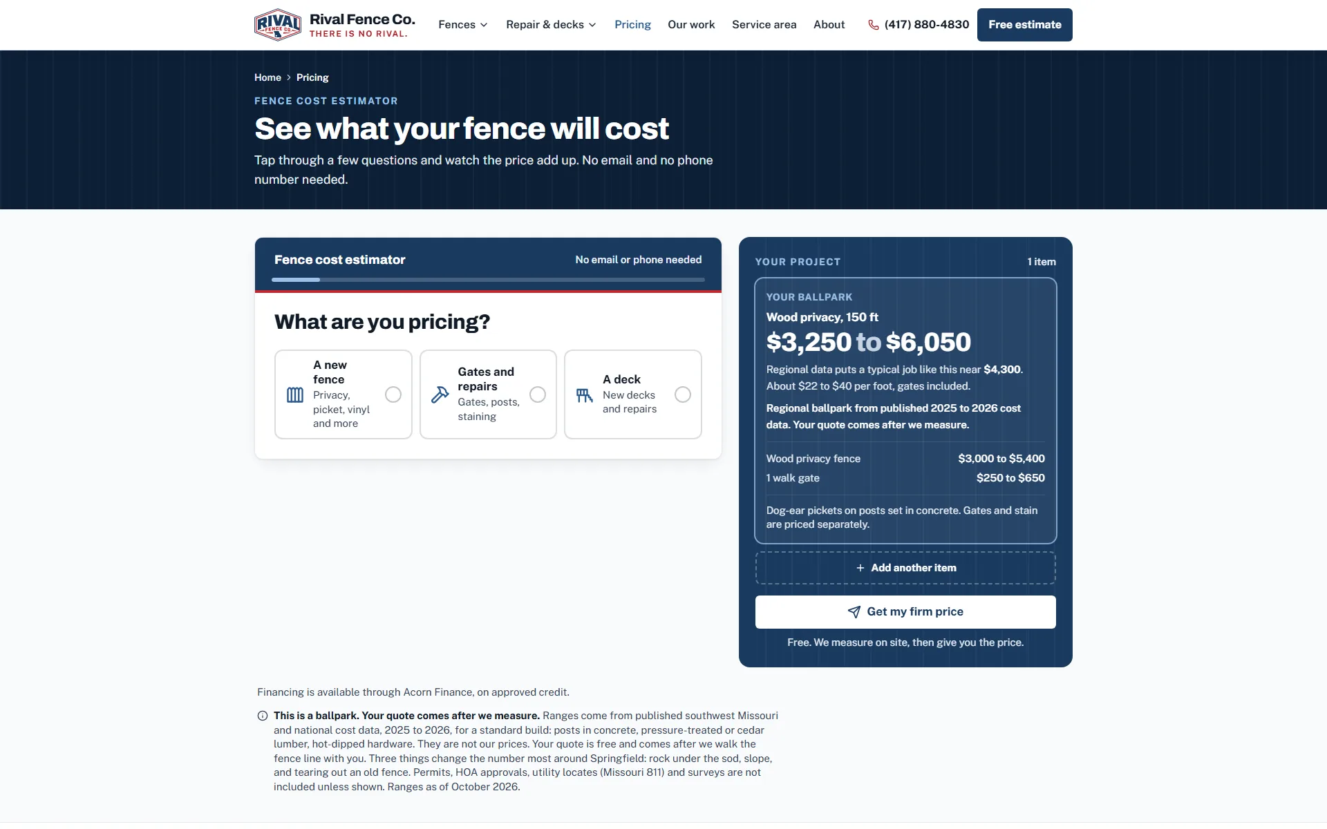 Rival Fence Co.'s cost estimator: pick what you are pricing and the ballpark adds up beside it, no email or phone number needed