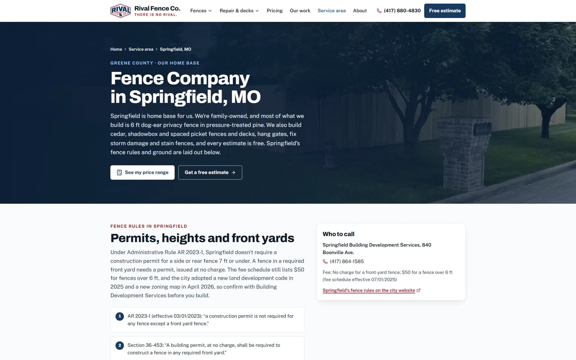 Rival Fence Co.'s Springfield, Missouri town page: the fence rules section cites the city's permit rule and fee schedule and names the office to call