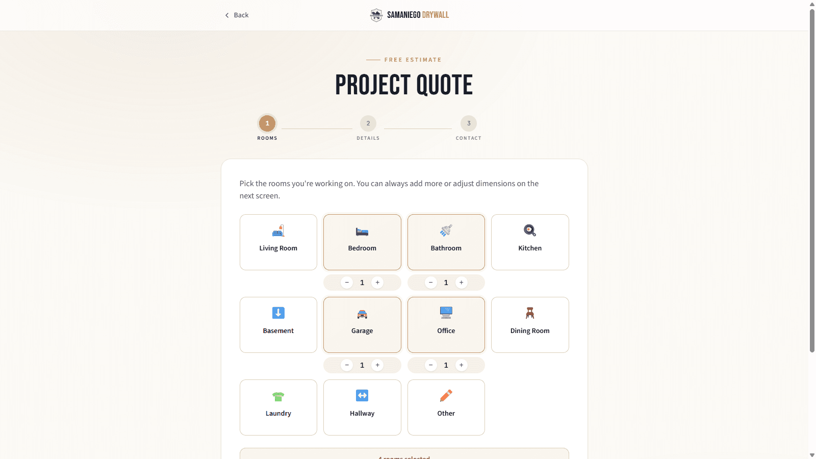 Samaniego Drywall multi-step Project Quote lead tool built by EMOR