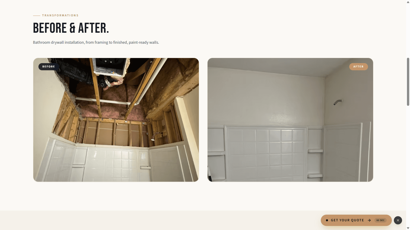 Samaniego Drywall before/after bathroom transformation, framing to finished walls