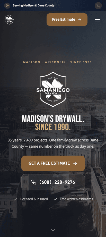 The Samaniego Drywall website on mobile, designed and built by EMOR AI