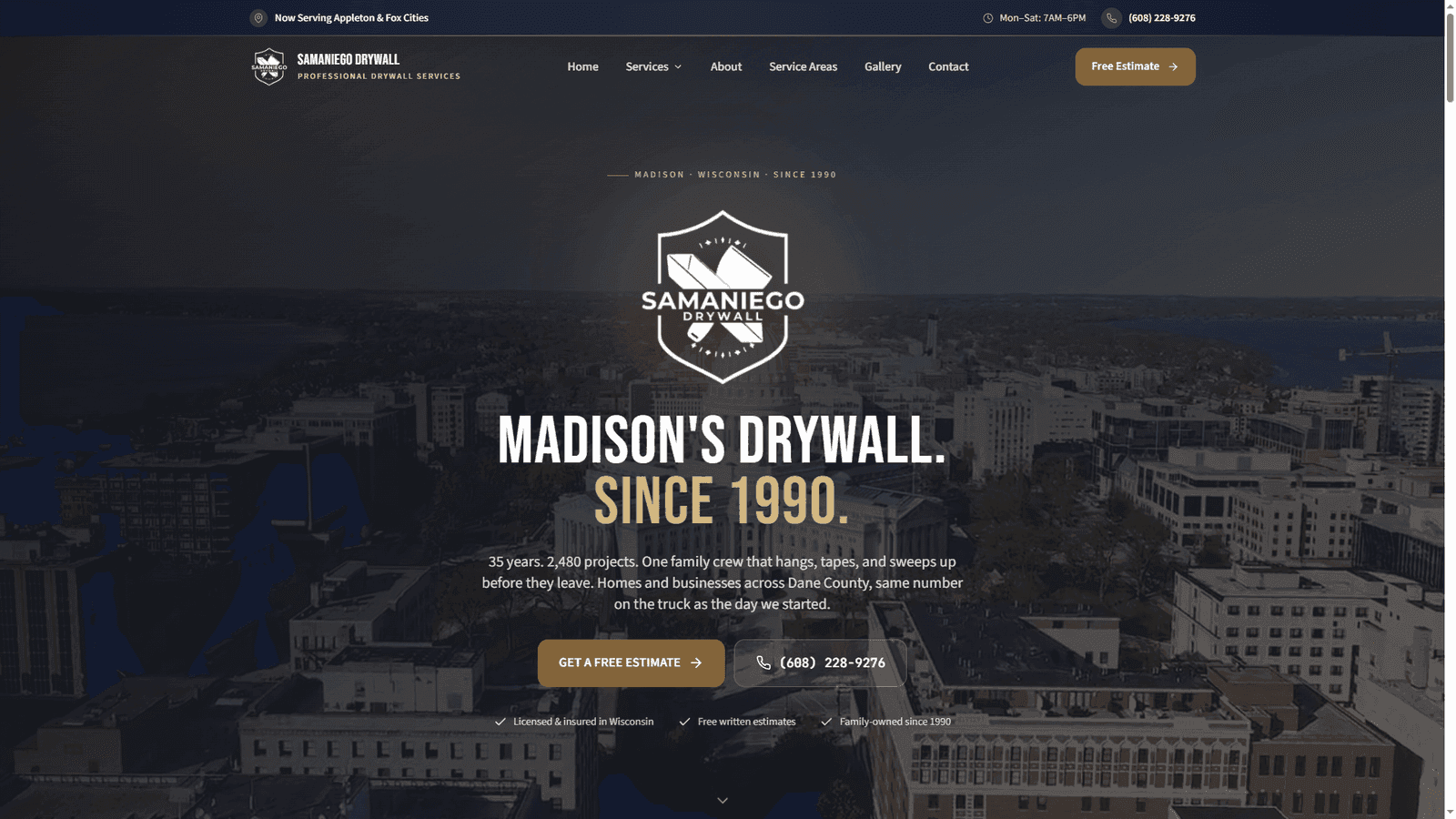 The website EMOR AI built for Samaniego Drywall in Madison, Wisconsin