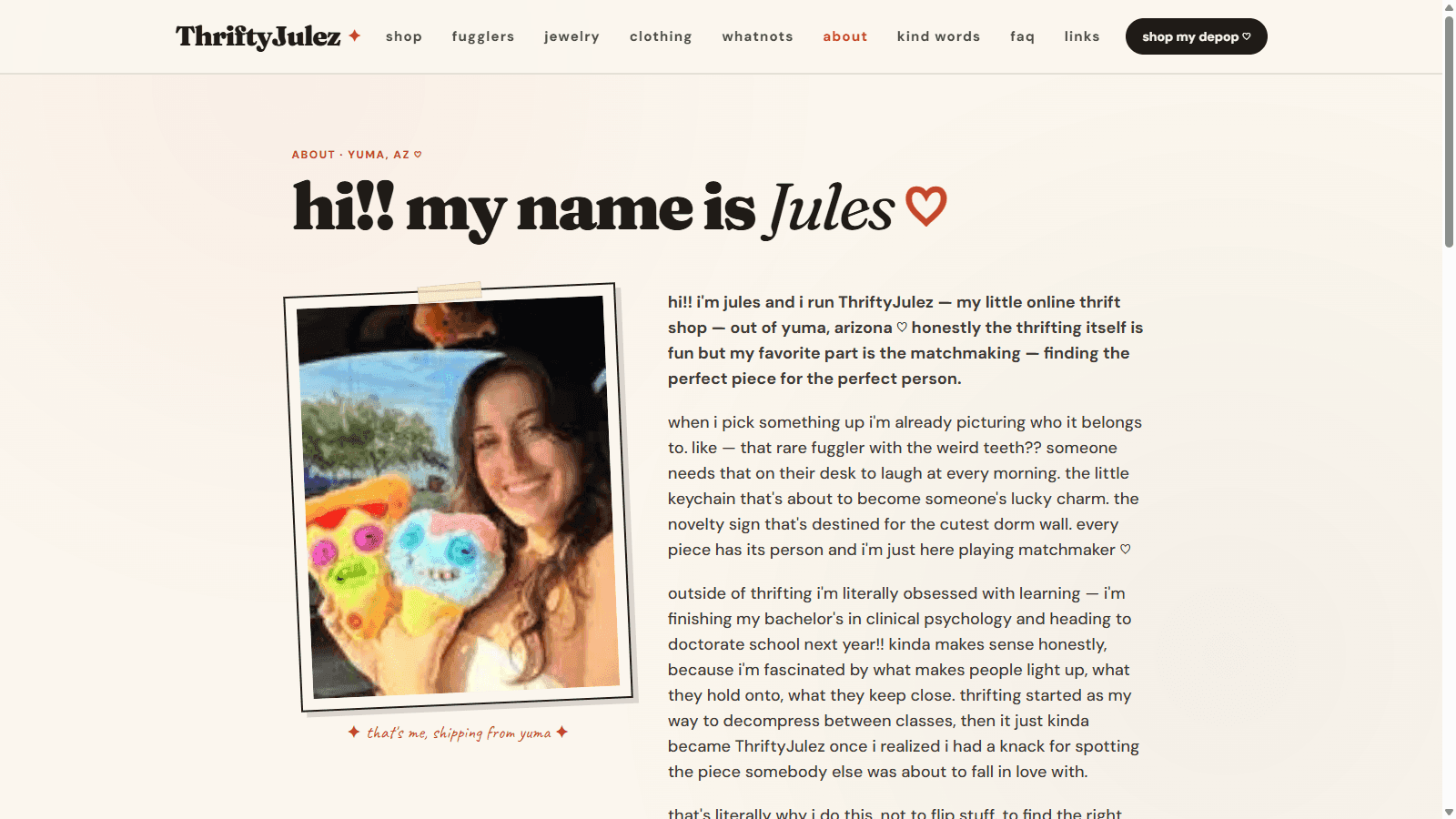 ThriftyJulez about page — "hi, my name is Jules" founder story
